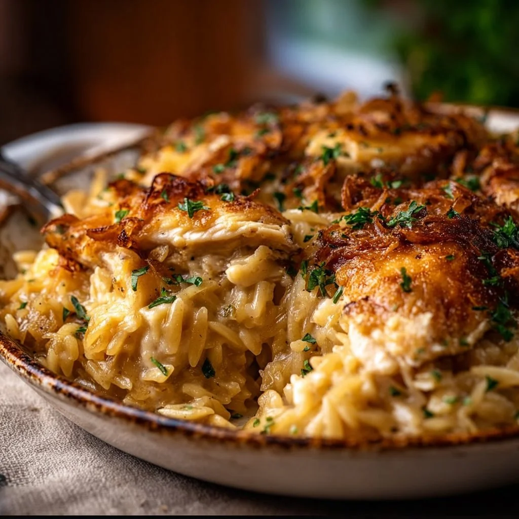 French Onion Chicken Orzo Casserole