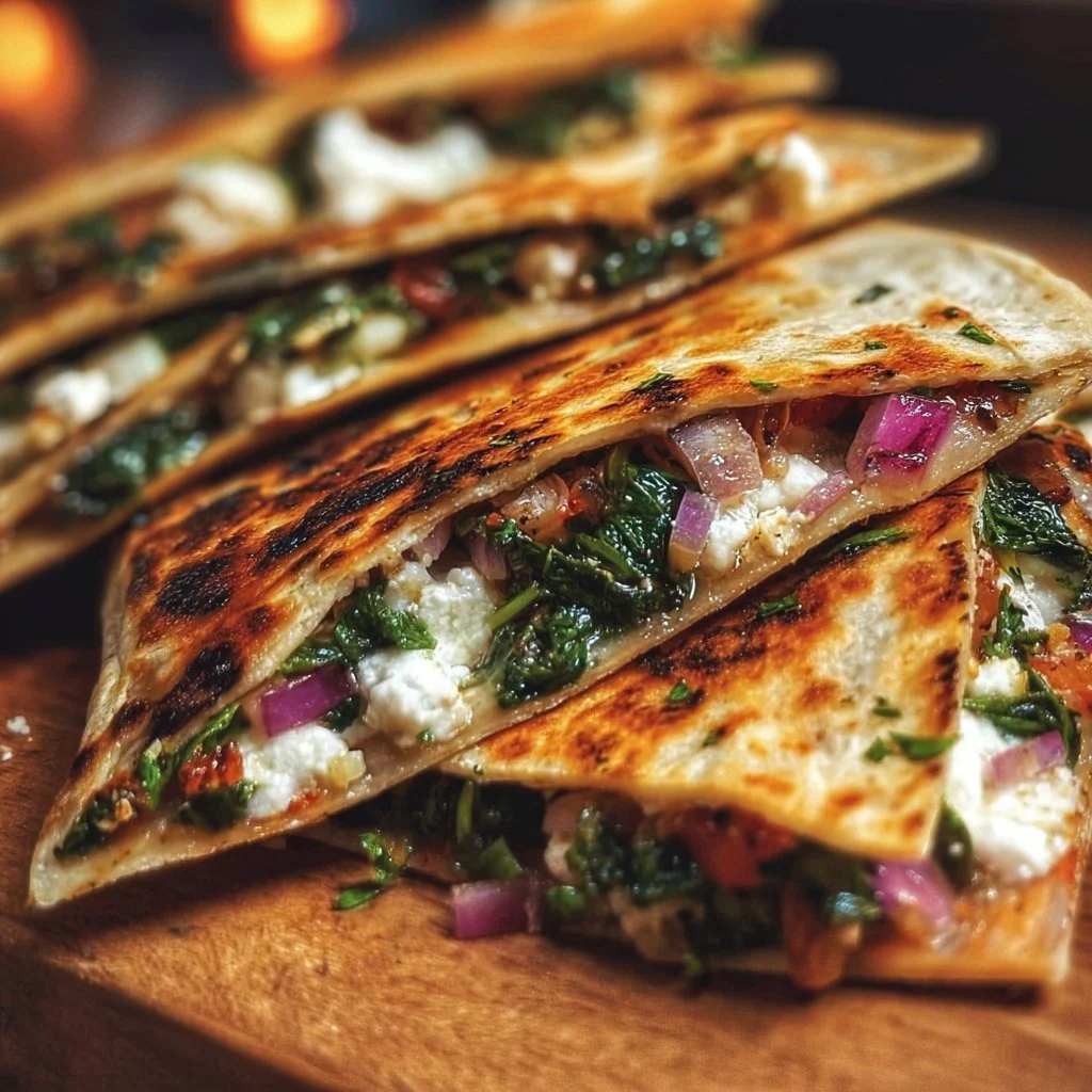 Mediterranean Quesadillas with Spinach, Feta, Mozzarella, and Red Onion