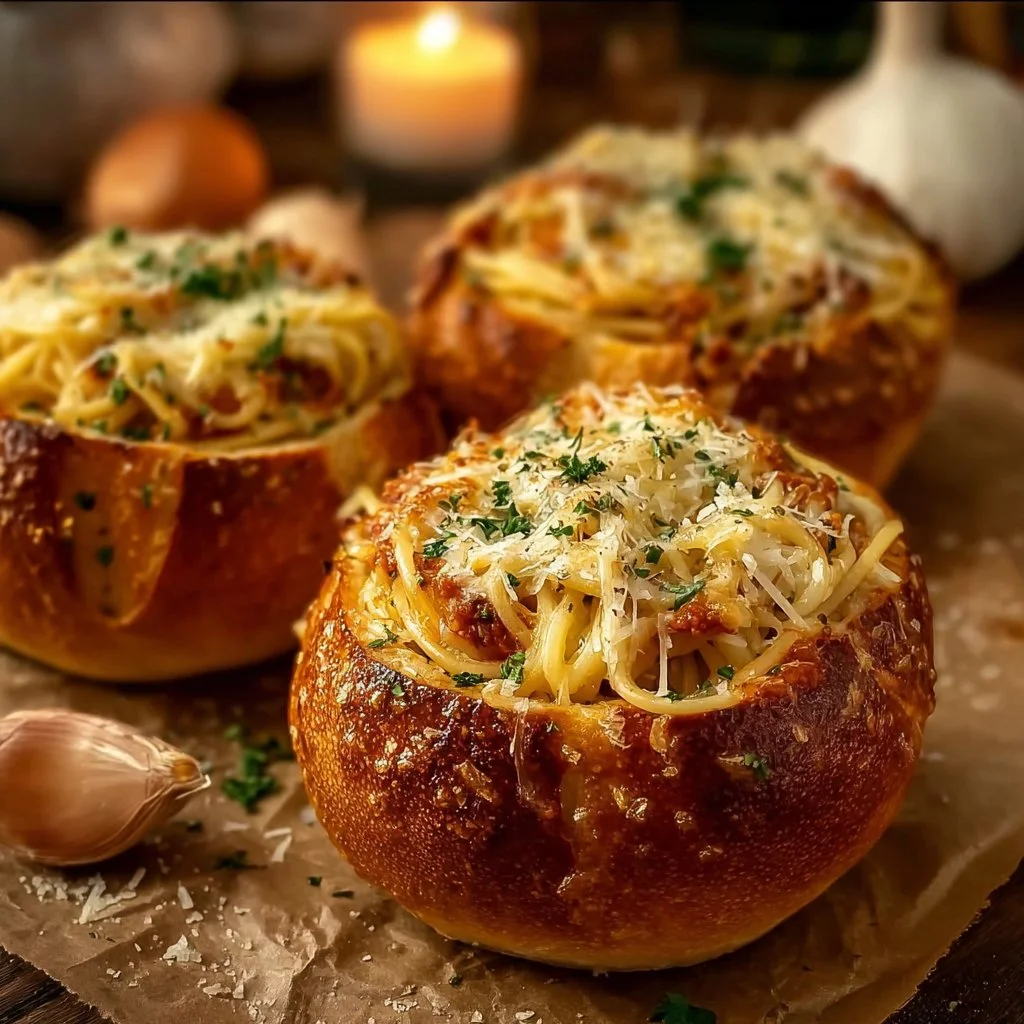 Spaghetti Garlic Bread Bowls