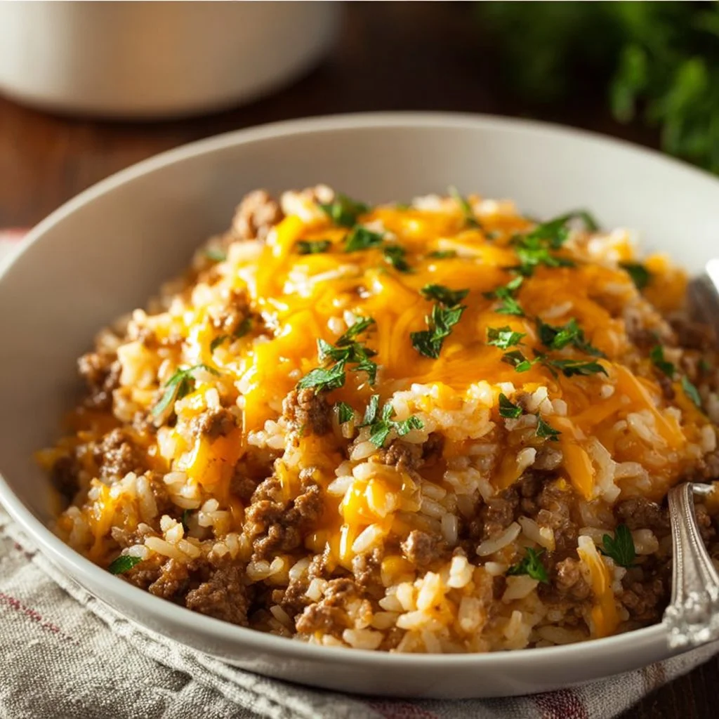 Cheesy ground beef and rice casserole served in a baking dish