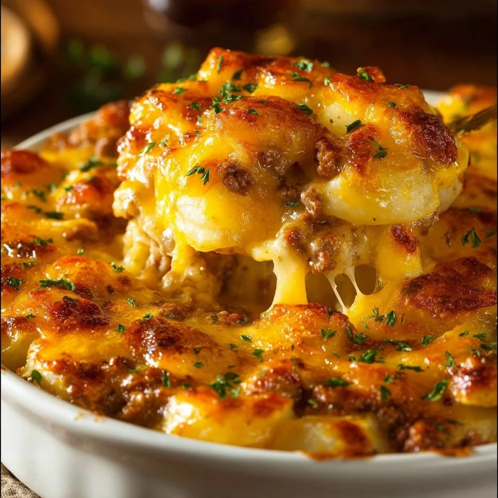 Cheesy Hamburger Potato Casserole served in a baking dish with a crispy topping