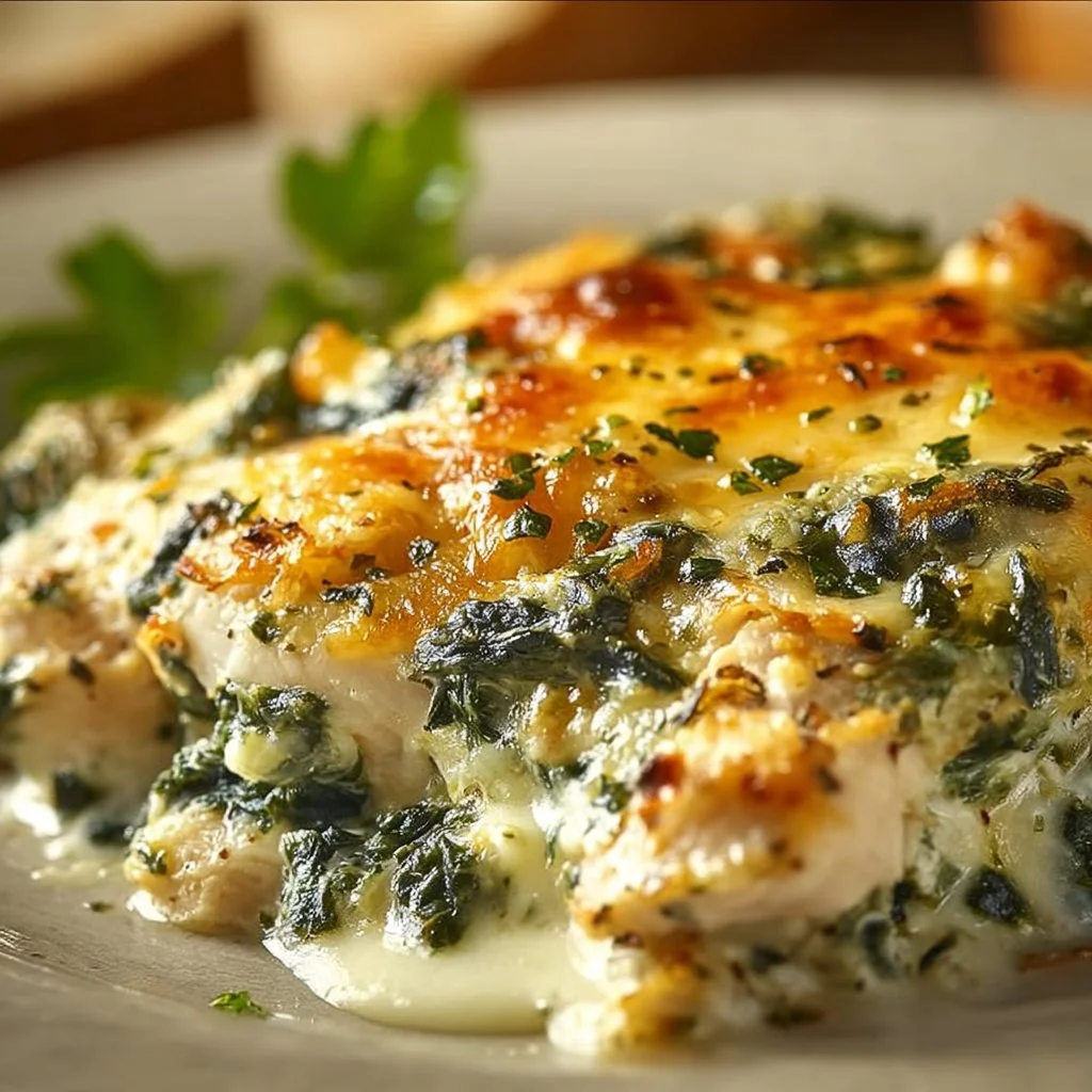Delicious Chicken and Spinach Casserole with Cream Cheese topped with herbs