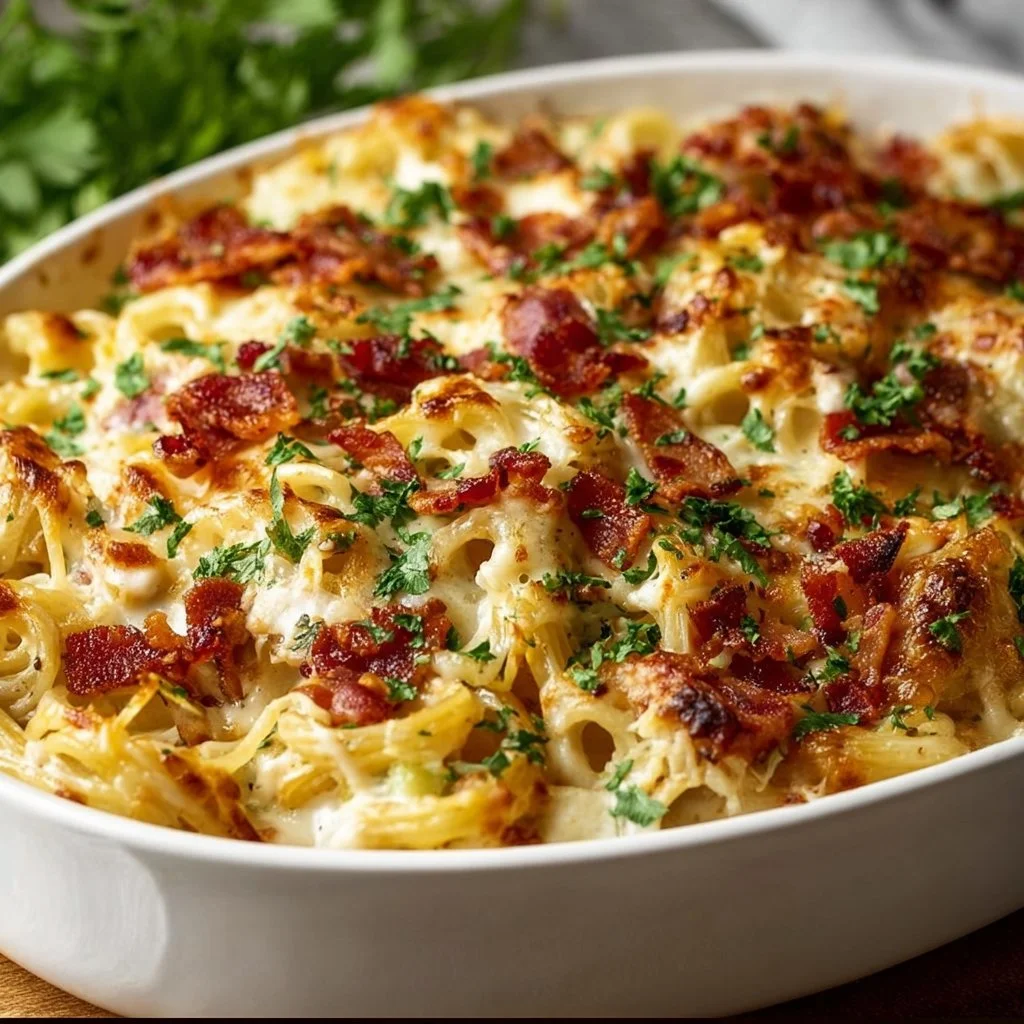 A delicious casserole dish baked to perfection, showcasing vibrant ingredients.
