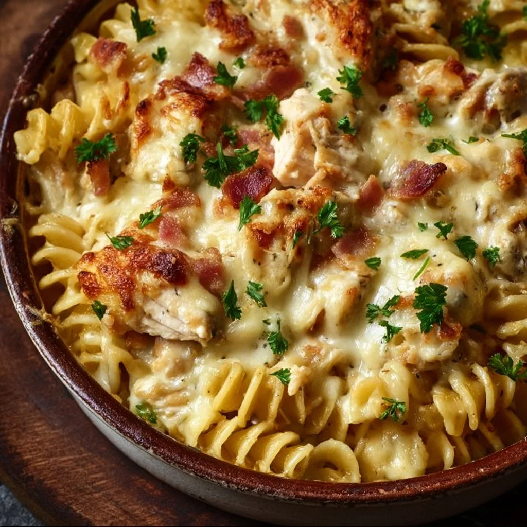Delicious Chicken Pasta Casserole topped with cheese and herbs, perfect comfort food dish