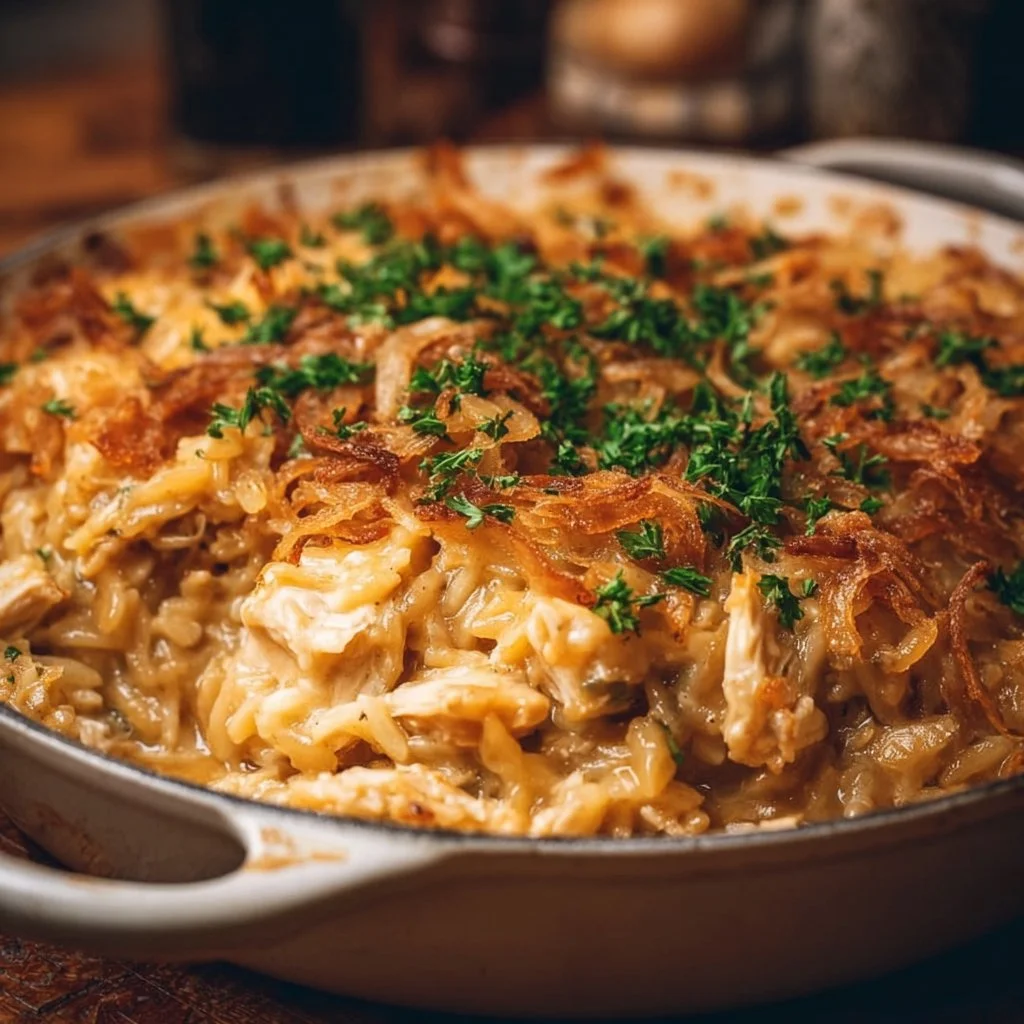 French Onion Chicken Orzo Casserole
