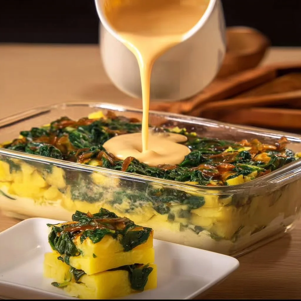 Cheesy spinach potato casserole ready to serve in a baking dish.